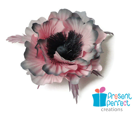 Pink Poppy Flower, Silk Poppy Brooch, Grey Fabric Corsage