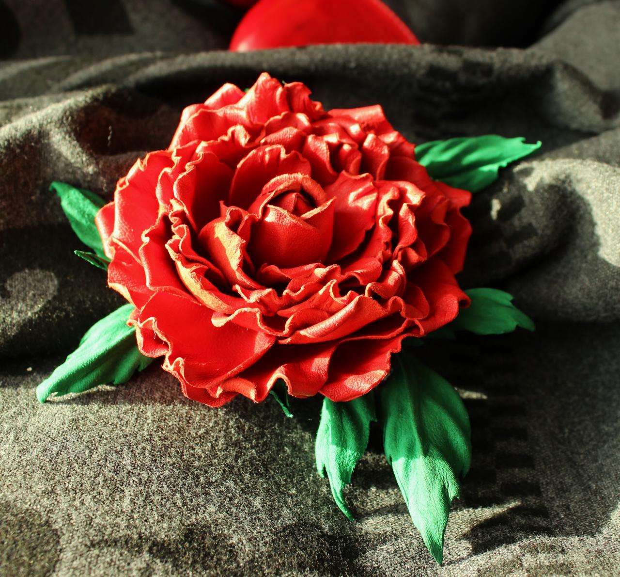 Leather Flower, Leather Brooch, Red Leather Rose, Leather Corsage, Leather Jewelry